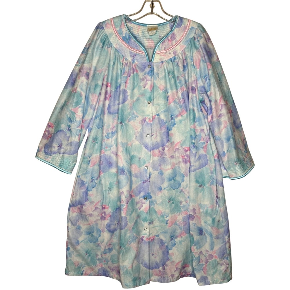 Intimate Moods VTG 2X Floral Snap Front Robe Pastel Blue‎ Purple Pink USA Made